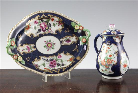 A Worcester scale blue lozenge shaped dish and a similar covered jug, c.1775, 21cm (8.25in.) and 22cm (8.75in.)